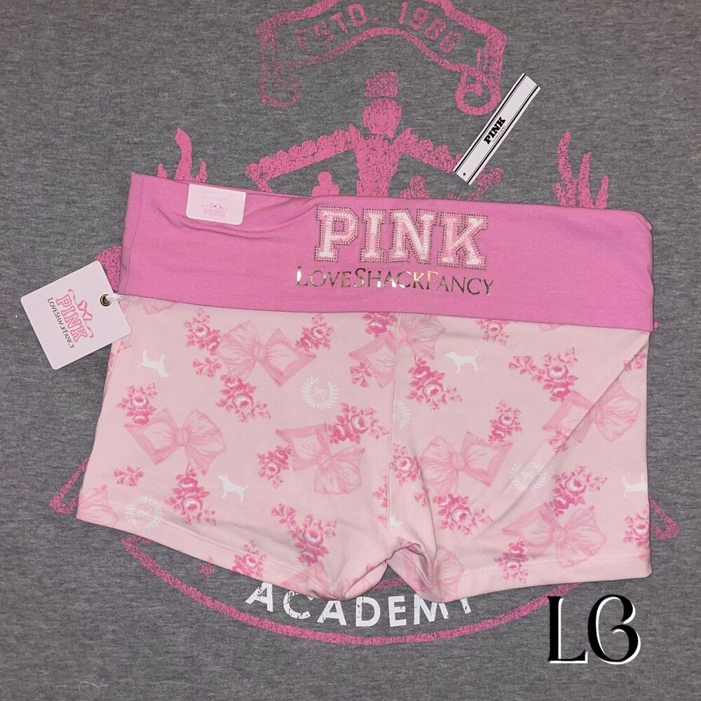 VS PINK x LoveShackFancy Foldover Cotton Micro Shorts Beaux Icons Size Large